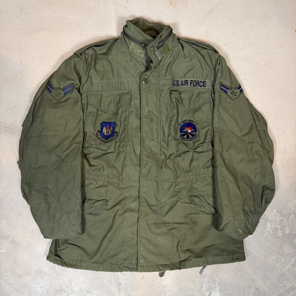 Vintage 1987 US Air Force Patched M-65 Field Jacket Olive Drab Green Small Coat